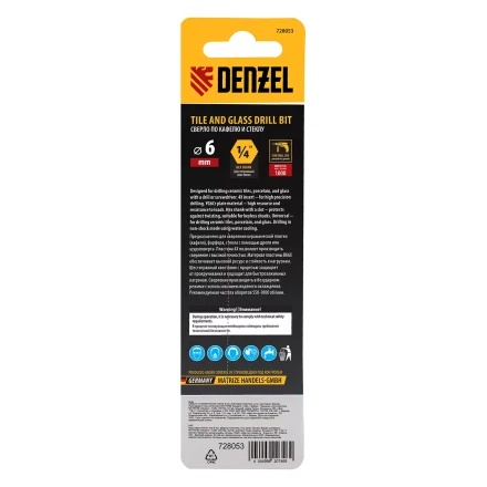 Сверло по керамической плитке 6 мм Denzel, крестовая пластина, шестигранный хвостовик, 728053 купить в Магнитогорске