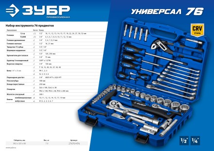 ЗУБР Универсал-76, 76 предм., (1/2+ 1/4), универсальный набор инструмента, Профессионал (27670-H76) купить в Магнитогорске
