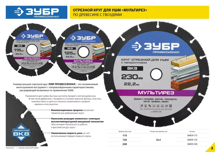 Отрезной круг "МУЛЬТИРЕЗ-ВК8" для УШМ, 230х22,2мм, ЗУБР 36859-230 купить в Магнитогорске