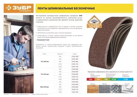 Лента шлифовальная бесконечная ЗУБР &quot;СТАНДАРТ&quot; на тканевой основе, для ЛШМ, P120, 75х533мм, 5 шт 35342-120 купить в Магнитогорске