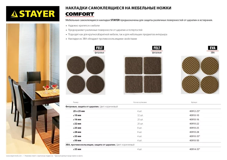 Накладки STAYER "COMFORT" на мебельные ножки, самоклеящиеся, фетровые, коричневые, квадратные - 25*25 мм, 4 шт 40912-25 купить в Магнитогорске