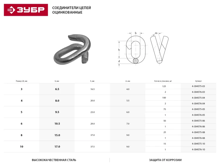 Соединитель цепей ЗУБР, оцинкованный, 5мм, 1 шт 4-304576-05 купить в Магнитогорске