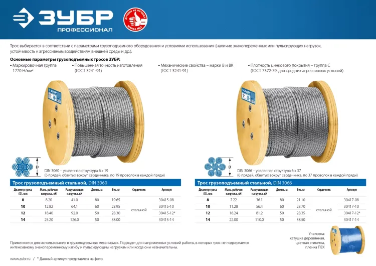 ЗУБР DIN 3060, свивка 6 х 19 + IWR, 8 мм, L 80 м, грузоподъемный стальной трос, Профессионал (30415-08) купить в Магнитогорске