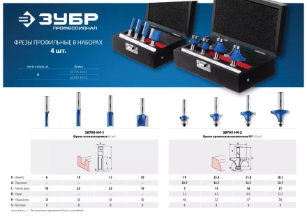 ЗУБР 4 шт, набор профильных фрез по дереву, Профессионал (28795-H4-2) купить в Магнитогорске