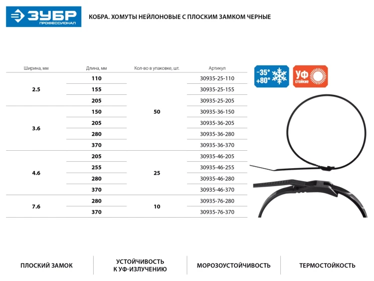 Кабельные стяжки черные КОБРА, с плоским замком, 4.6 х 205 мм, 25 шт, нейлоновые, ЗУБР 30935-46-205 купить в Магнитогорске