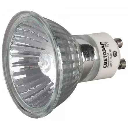 Лампа галогенная СВЕТОЗАР с защитным стеклом, алюм. отражатель, цоколь GU10, диаметр 51мм, 35Вт, 220В SV-44823 купить в Магнитогорске