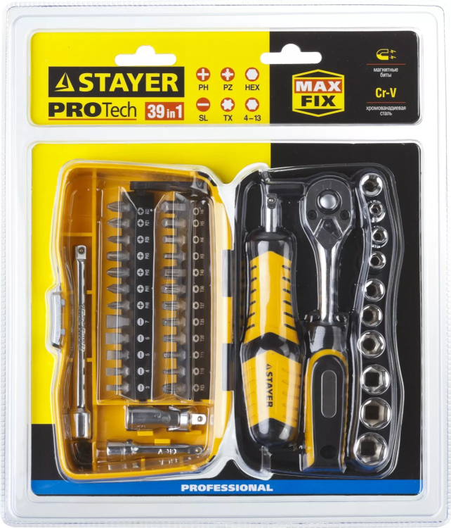 Набор STAYER "PROFESSIONAL": Биты и торцовые головки с трещеткой и воротком, 39 предметов 25135-H39 купить в Магнитогорске