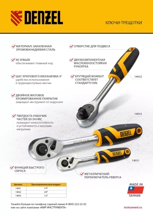 Ключ-трещотка 1/2&quot; Denzel 14033, 90 зубьев, с быстрым сбросом, CrV купить в Магнитогорске
