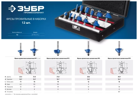 ЗУБР 12 шт, набор профильных фрез по дереву, Профессионал (28796-H12) купить в Магнитогорске