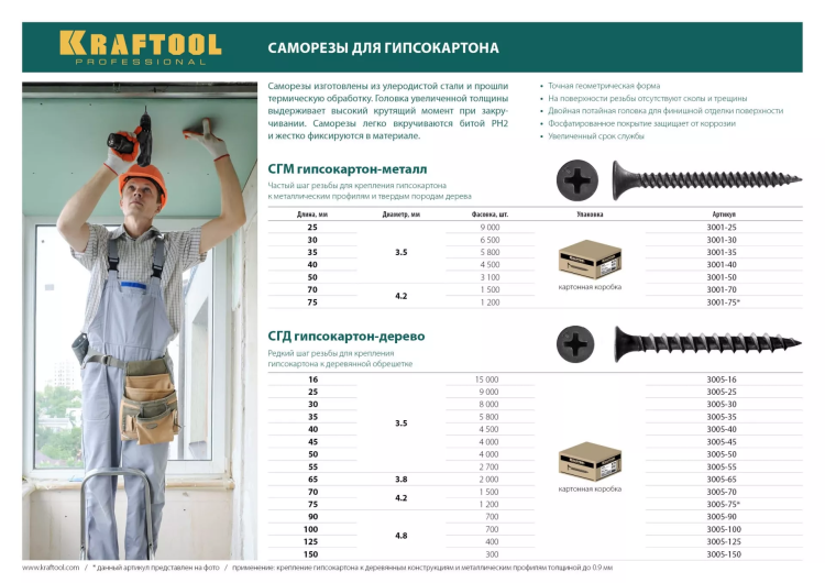 Саморезы СГД гипсокартон-дерево, 75 х 4.2 мм, 1 200 шт, фосфатированные, KRAFTOOL 3005-75 купить в Магнитогорске