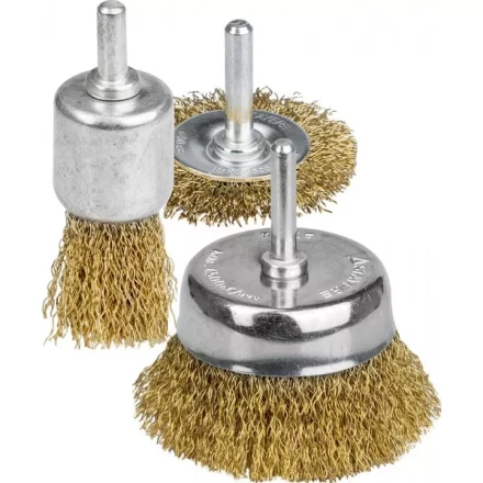 STAYER &quot;PROFESSIONAL&quot;. Набор щеток-крацовок для дрели, витая стальная латунированная проволока 0,3мм, диск. 50мм, чаш. 50мм, кистевая 25мм, 3шт 35152-H3_z01 купить в Магнитогорске