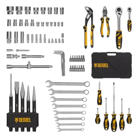 Набор инструментов Denzel 15802, 1/2&quot;, 1/4&quot;, CrV, S2, пластиковый кейс, 84 предмета купить в Магнитогорске