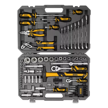 Набор инструментов Denzel 15802, 1/2&quot;, 1/4&quot;, CrV, S2, пластиковый кейс, 84 предмета купить в Магнитогорске