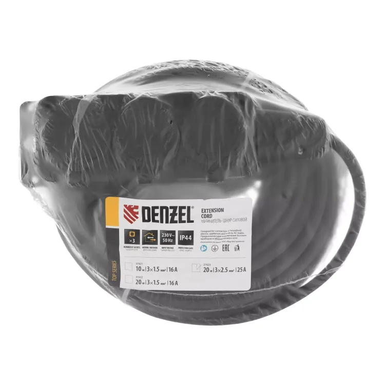 Удлинитель-шнур силовой Denzel Top Series , КГТТ, 20м, 3 розетки, 3 x 2,5 мм, 3 м 37423 купить в Магнитогорске