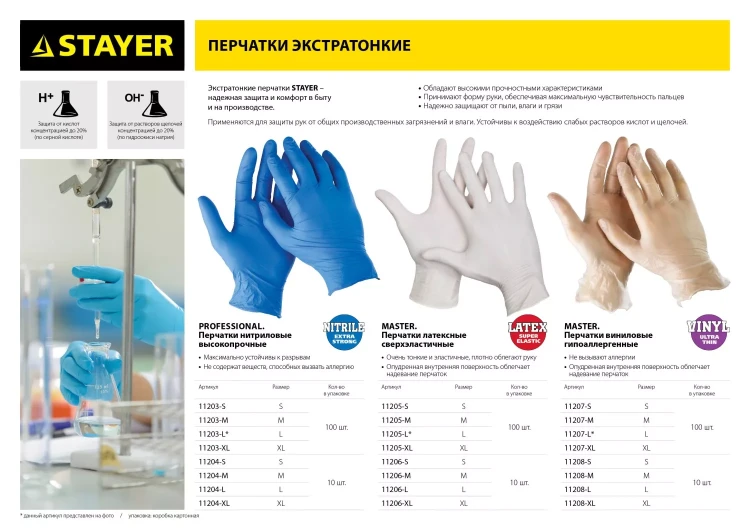 Перчатки STAYER "MASTER" виниловые экстратонкие, XL, 10шт 11208-XL купить в Магнитогорске
