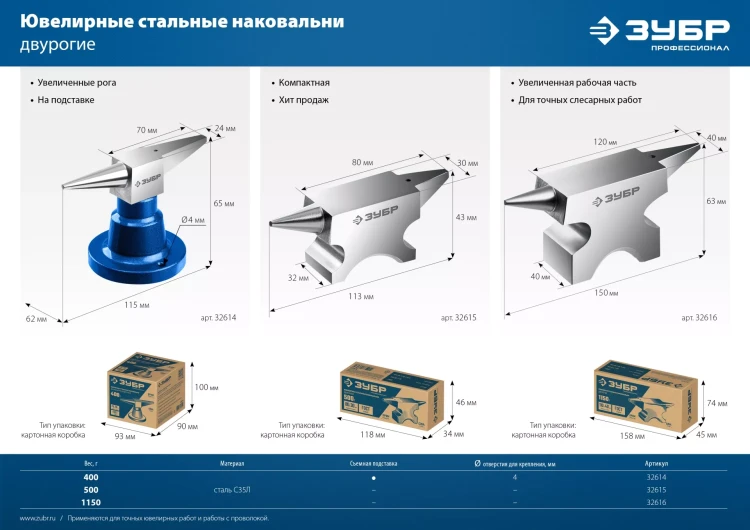 ЗУБР 1150 г, ювелирная стальная наковальня, Профессионал (32616) купить в Магнитогорске