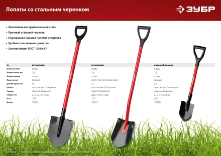 ЗУБР МАСТЕР, 280 х 190 х 1200 мм, полотно 1.5 мм, закалено, стальной изогнутый черенок с рукояткой, штыковая лопата (39523) купить в Магнитогорске
