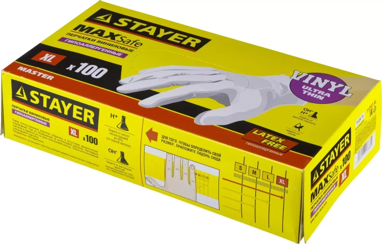 Перчатки STAYER "MASTER" виниловые экстратонкие, XL, 100шт 11207-XL купить в Магнитогорске