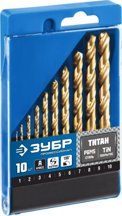 ЗУБР ТИТАН, 10 шт, (1-10 мм), сталь Р6М5, класс А, титановое покрытие, набор сверл по металлу, Профессионал (29615-H10) купить в Магнитогорске