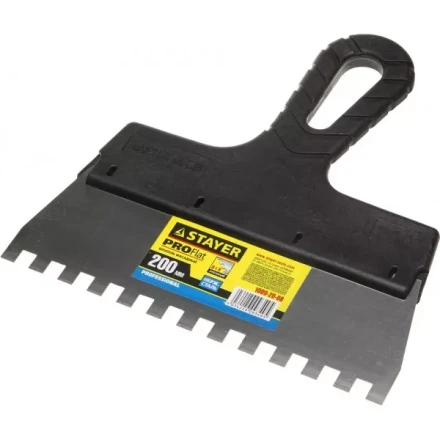 Шпатель STAYER &quot;PROFESSIONAL&quot; нержавеющий зубчатый с пластмассовой ручкой, 200мм, зуб 8х8мм 1009-20-08 купить в Магнитогорске