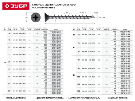 Саморезы фосфатированные с крупной резьбой, гипсокартон-дерево, ЗУБР 300036-42-076, PH2, 4,2 x 76 мм, 20 шт 300036-42-076 купить в Магнитогорске