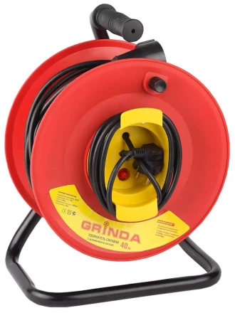 Удлинитель на катушке, 1 гнездо, евророзетка, 40м, заземление, защита от перегрузки, GRINDA 8-43665-40 купить в Магнитогорске