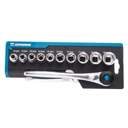 Набор торцевых головок трещотка 120 зубьев 12 предметов 3/8" CrV Gross 14139