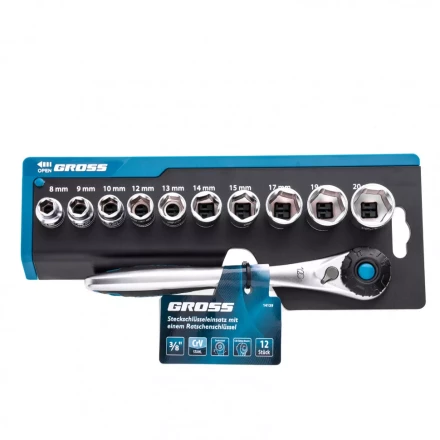 Набор торцевых головок трещотка 120 зубьев 12 предметов 3/8&quot; CrV Gross 14139 купить в Магнитогорске
