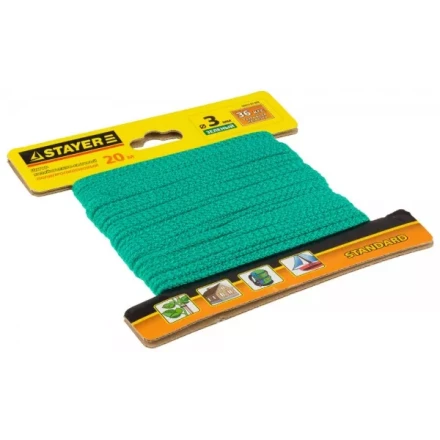 Шнур STAYER &quot;STANDARD&quot; хозяйственно-бытовой, полипропиленовый, вязанный, без сердечника, зеленый, d 3, 20м 50422-03-020 купить в Магнитогорске