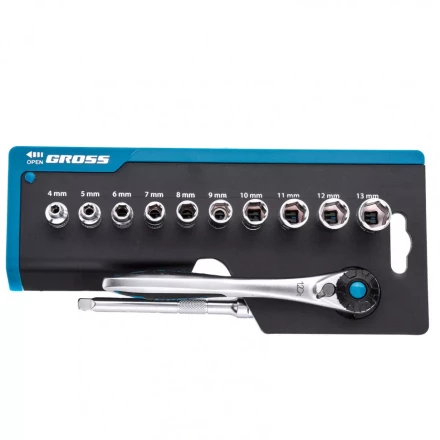 Набор торцевых головок трещотка 120 зубьев 12 предметов 1/4&quot; CrV Gross 14141 купить в Магнитогорске