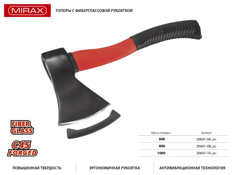 Топор MIRAX со стеклопластиковой обрезиненной рукояткой, 0,8кг 20601-08_z01 купить в Магнитогорске