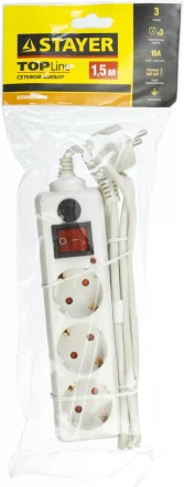 Сетевой фильтр STAYER &quot;STANDARD&quot; электрический, 3 гнезда, макс. мощн. 2200 Вт, 1.5м 55065-1.5 купить в Магнитогорске