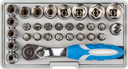 Набор ЗУБР &quot;ЭКСПЕРТ&quot;: Биты 16шт,торцов головки с мини трещоткой 12шт,адаптер для бит SQ 1/4&quot;хHex 1/4&quot;,удлинит 1/4&quot;/80мм 26054-H31 купить в Магнитогорске