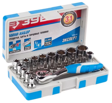 Набор ЗУБР &quot;ЭКСПЕРТ&quot;: Биты 16шт,торцов головки с мини трещоткой 12шт,адаптер для бит SQ 1/4&quot;хHex 1/4&quot;,удлинит 1/4&quot;/80мм 26054-H31 купить в Магнитогорске