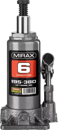 Домкрат гидравлический бутылочный, 6т, 195-380 мм, MIRAX 43260-6 43260-6 купить в Магнитогорске