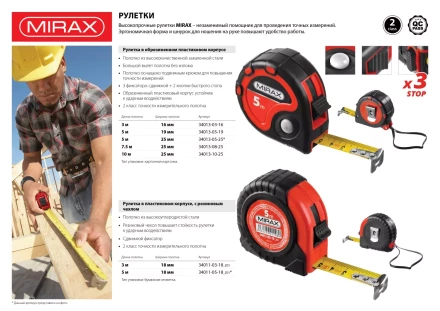 Рулетка MIRAX, 3 стопора, двухкомпонентный пластиковый корпус, 10мх25мм 34013-10-25 купить в Магнитогорске