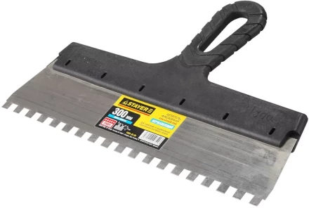 Шпатель STAYER &quot;PROFESSIONAL&quot; нержавеющий зубчатый с пластмассовой ручкой, 300мм, зуб 8х8мм 1009-30-08 купить в Магнитогорске