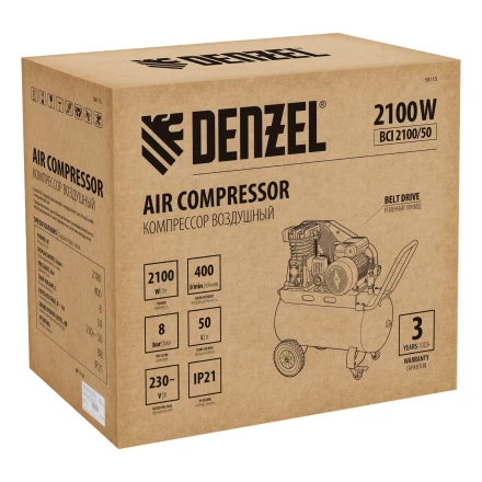 Компрессор воздушный рем. привод Denzel BCI 2100/50, 2,1 кВт, 50 литров, 400 л/мин купить в Магнитогорске