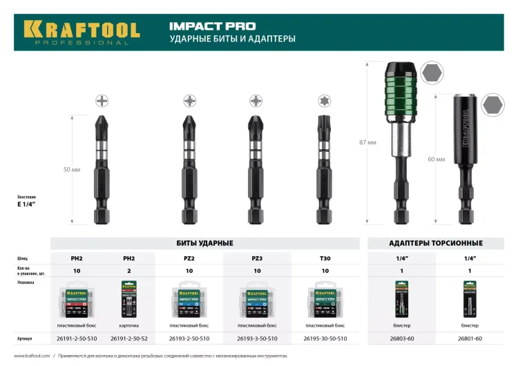 Биты для ударных шуруповертов KRAFTOOL Impact Pro TX 26195-30-50-S10 купить в Магнитогорске