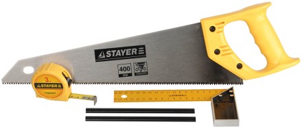 Набор STAYER &quot;STANDARD&quot; для столярных работ: ножовка по дереву 400 мм, угольник 200 мм, рулетка 3 м, 2 карандаша, 5 пред 15084-H5 купить в Магнитогорске