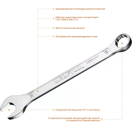 Ключи комбинированные KRAFTOOL, Cr-V, DIN 3113 27079-24 купить в Магнитогорске