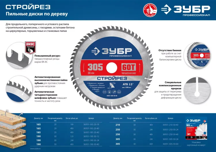 ЗУБР Стройрез, 305 х 30 мм, 60Т, пильный диск по строительной древесине, Профессионал (36931-305-30-60) купить в Магнитогорске