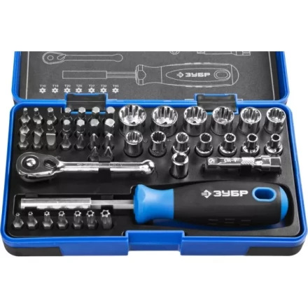 Набор ЗУБР &quot;ПРОФИ&quot;: Отвертка с двухкомп рукояткой, насадки и мини трещетка, 47 предм, пластиковый бокс 25283-H47 купить в Магнитогорске