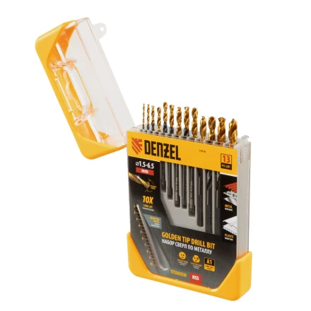 Набор сверл по металлу, 1,5-6,5 мм, HSS-Tin, Golden Tip, 13 шт Denzel 72318 купить в Магнитогорске