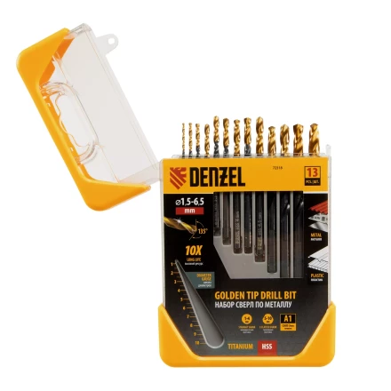 Набор сверл по металлу, 1,5-6,5 мм, HSS-Tin, Golden Tip, 13 шт Denzel 72318 купить в Магнитогорске
