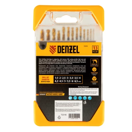 Набор сверл по металлу, 1,5-6,5 мм, HSS-Tin, Golden Tip, 13 шт Denzel 72318 купить в Магнитогорске