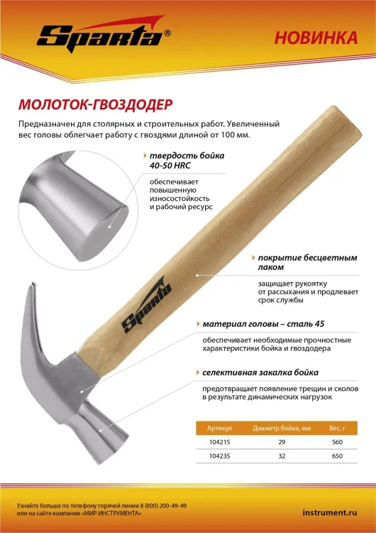 Молоток-гвоздодер, 650 г Sparta, боек 32 мм, деревянная рукоятка, 104235 купить в Магнитогорске