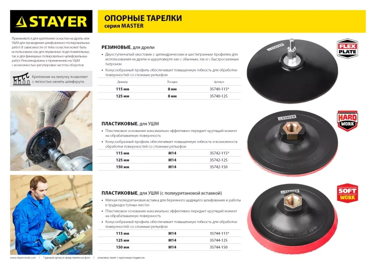 Тарелка опорная STAYER "MASTER" пластиковая для УШМ, на липучке, d=125мм, М14 35742-125 купить в Магнитогорске