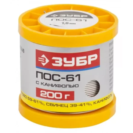 Припой ЗУБР, ПОС 61, трубка с канифолью, 200г, 1мм 55450-200-10C купить в Магнитогорске