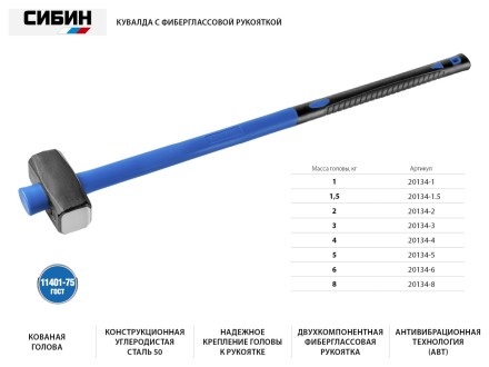 Кувалда с фиберглассовой рукояткой СИБИН, обратный всад, 5 кг 20134-5 купить в Магнитогорске